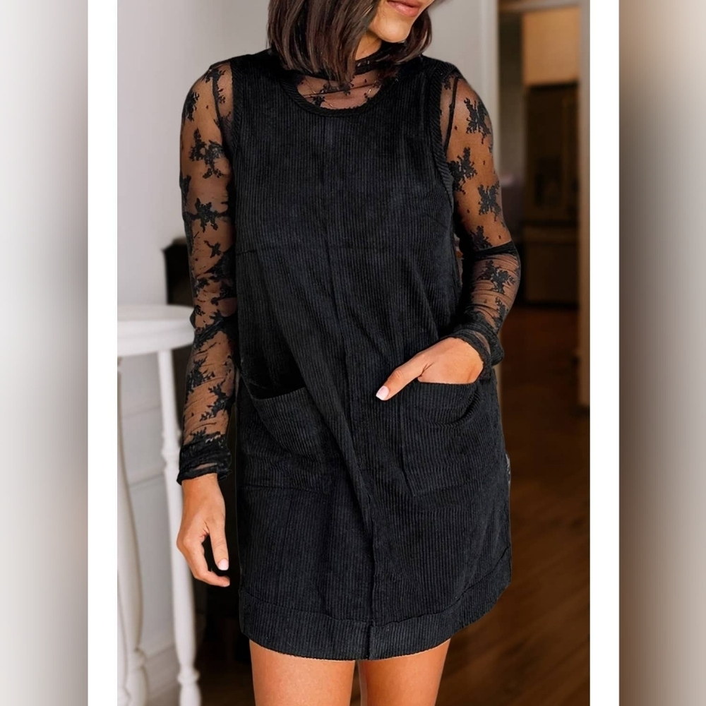 Corduroy Sleeveless Patch Pocket Mini Jumper Dress